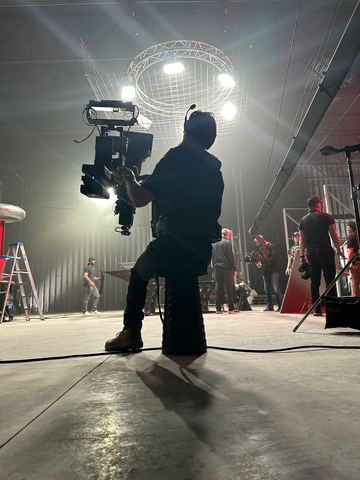 Tommee Profitt & William Joseph — "Thunderstruck" cover, music video (2024) — a silhouetted operator with a camera rig in a hazy studio, backlit by a circular truss of lights overhead.